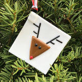 Handmade Rudolph Ornament on White Glass Square