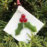 Handmade Holly Ornament on White Glass Square