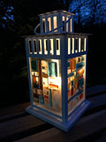 Evening photo - Orange Blue and White mosaic lantern.