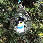 Teardrop Snowman Sun Catcher Ornament with Blue Scarf